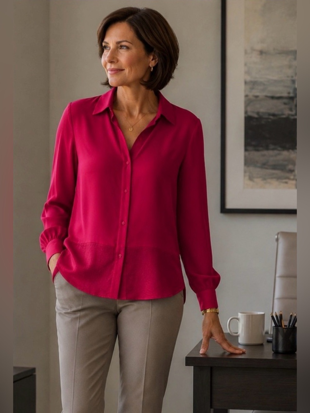 Bar III Women's Red Blouse detailing along bottom.